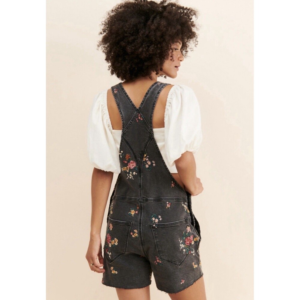 Driftwood Floral Embroidered Black Denim Shortalls Frayed Hem Size M NWOT $138 - Picture 2 of 11